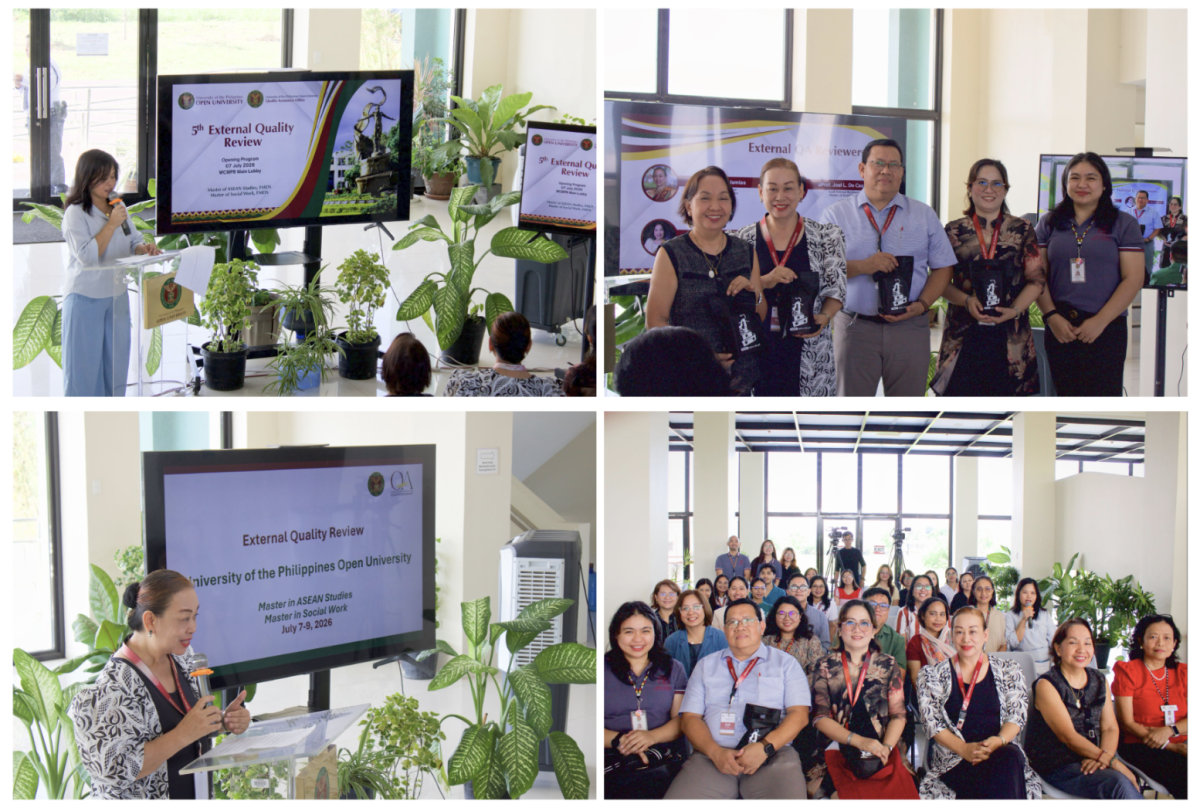 (1) Ms. Mary Grace Perez showcasing the 5th EQR banner; (2) aProf. Cabanes with the 5th External Quality Panel of Reviewers; (3) Prof. Serlie B. Jamias discussing the Overview of External Quality Review; (4) Participants during the Opening Ceremony of the 5th External Quality Review.